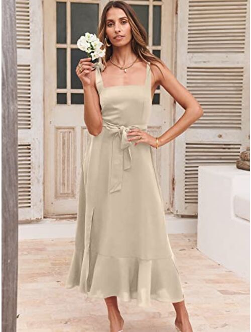 ANRABESS Women's Elegant Bridesmaid Dresses Square Neck Ruffle Split Midi Formal Dress for Wedding Guest Cocktail Party