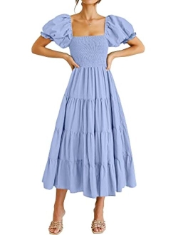 Women's Casual Summer Midi Dress Puffy Short Sleeve Square Neck Smocked Tiered Boho Dresses