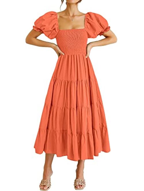 ANRABESS Women's Casual Summer Midi Dress Puffy Short Sleeve Square Neck Smocked Tiered Boho Dresses