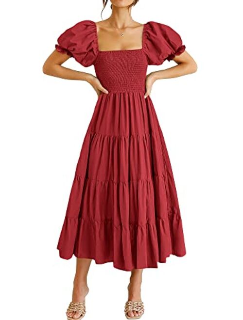 ANRABESS Women's Casual Summer Midi Dress Puffy Short Sleeve Square Neck Smocked Tiered Boho Dresses