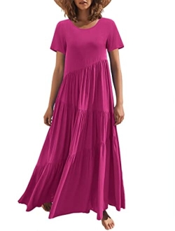 Womens Summer Casual Loose Maxi Dress Short Sleeve Crewneck Asymmetric Tiered Beach Long Dresses