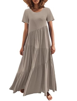 Womens Summer Casual Loose Maxi Dress Short Sleeve Crewneck Asymmetric Tiered Beach Long Dresses