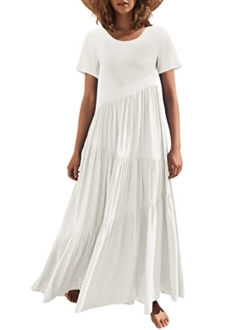 Womens Summer Casual Loose Maxi Dress Short Sleeve Crewneck Asymmetric Tiered Beach Long Dresses