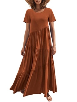 Womens Summer Casual Loose Maxi Dress Short Sleeve Crewneck Asymmetric Tiered Beach Long Dresses