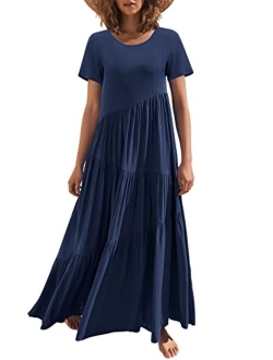 Womens Summer Casual Loose Maxi Dress Short Sleeve Crewneck Asymmetric Tiered Beach Long Dresses