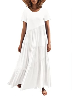 Womens Summer Casual Loose Maxi Dress Short Sleeve Crewneck Asymmetric Tiered Beach Long Dresses