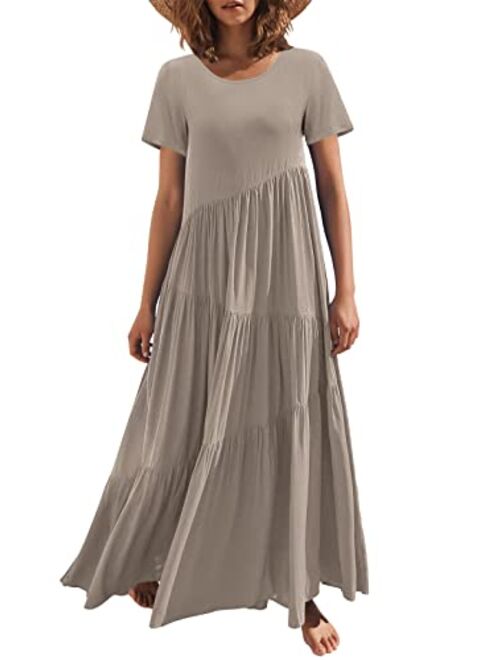 ANRABESS Womens Summer Casual Loose Maxi Dress Short Sleeve Crewneck Asymmetric Tiered Beach Long Dresses