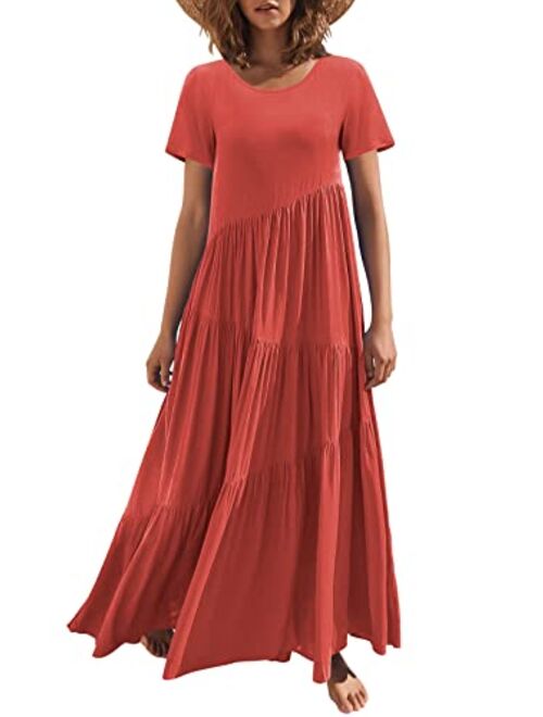 ANRABESS Womens Summer Casual Loose Maxi Dress Short Sleeve Crewneck Asymmetric Tiered Beach Long Dresses