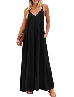 Women's Summer Casual Spaghetti Strap V Neck Oversized Wide Leg Jumpsuit Pockets Beach Travel Outfits