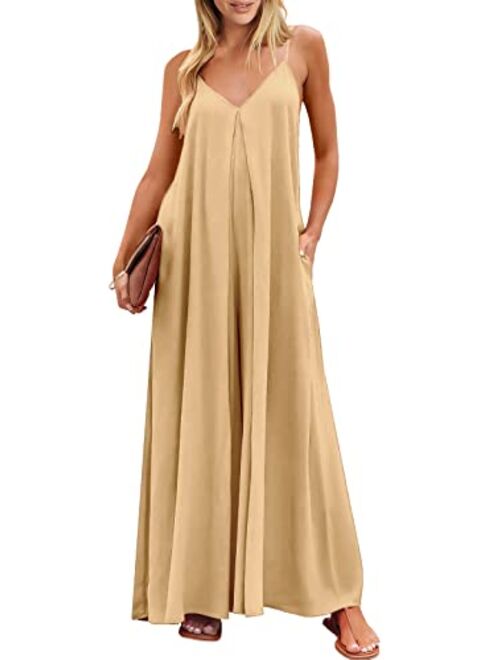 ANRABESS Women's Summer Casual Spaghetti Strap V Neck Oversized Wide Leg Jumpsuit Pockets Beach Travel Outfits