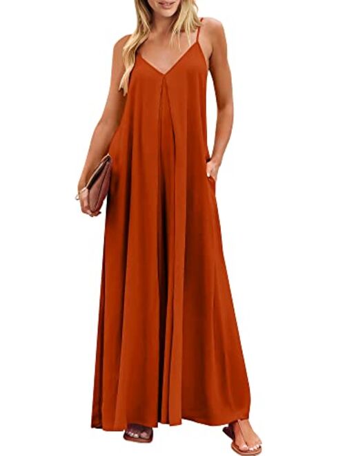 ANRABESS Women's Summer Casual Spaghetti Strap V Neck Oversized Wide Leg Jumpsuit Pockets Beach Travel Outfits