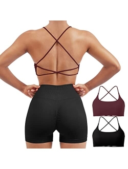 Women 2 Piece Open Back Sports Bra Pack Strappy Workout Gym Yoga Crops