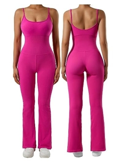 Women Ribbed Flare One Piece Jumpsuits Seamless Padded Sexy Jumpsuit