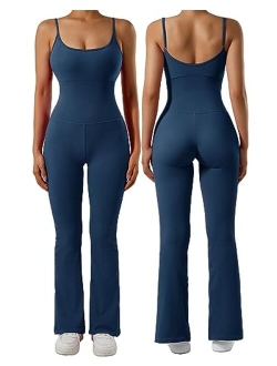 Women Ribbed Flare One Piece Jumpsuits Seamless Padded Sexy Jumpsuit