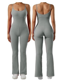 Women Ribbed Flare One Piece Jumpsuits Seamless Padded Sexy Jumpsuit