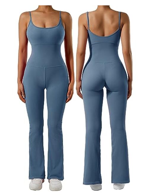 SUUKSESS Women Ribbed Flare One Piece Jumpsuits Seamless Padded Sexy Jumpsuit