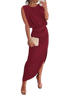 Women 2023 Summer Sleeveless Ruch Bodycon High Waist Asymmetric Slit Cocktail Maxi Dress