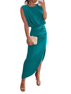 Women 2023 Summer Sleeveless Ruch Bodycon High Waist Asymmetric Slit Cocktail Maxi Dress