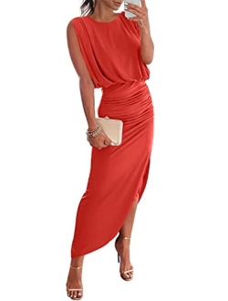 Women 2023 Summer Sleeveless Ruch Bodycon High Waist Asymmetric Slit Cocktail Maxi Dress