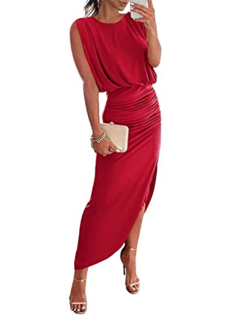 ANRABESS Women 2023 Summer Sleeveless Ruch Bodycon High Waist Asymmetric Slit Cocktail Maxi Dress