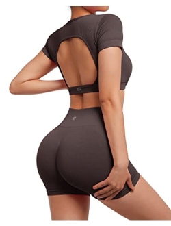 Open Back Short Sleeve Scrunch Butt Booty Shorts Seamless Ribbed Workout Sets 2 Piece Outfits