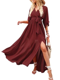 Womens Summer Loose Kimono Maxi Dress Wrap V Neck 3/4 Sleeve Floral Print Slit Long Dresses