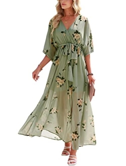 Womens Summer Loose Kimono Maxi Dress Wrap V Neck 3/4 Sleeve Floral Print Slit Long Dresses