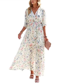 Womens Summer Loose Kimono Maxi Dress Wrap V Neck 3/4 Sleeve Floral Print Slit Long Dresses