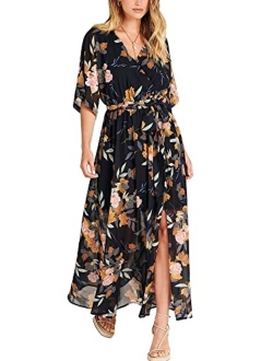 Womens Summer Loose Kimono Maxi Dress Wrap V Neck 3/4 Sleeve Floral Print Slit Long Dresses