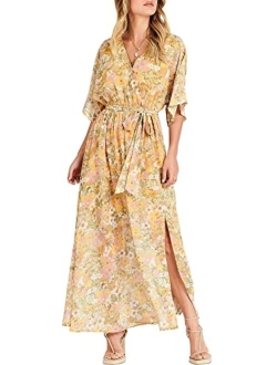 Womens Summer Loose Kimono Maxi Dress Wrap V Neck 3/4 Sleeve Floral Print Slit Long Dresses