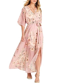 Womens Summer Loose Kimono Maxi Dress Wrap V Neck 3/4 Sleeve Floral Print Slit Long Dresses