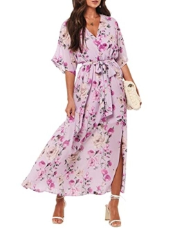 Womens Summer Loose Kimono Maxi Dress Wrap V Neck 3/4 Sleeve Floral Print Slit Long Dresses