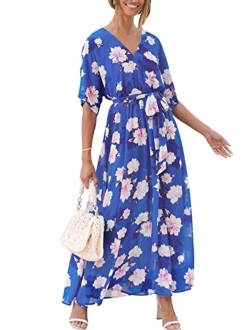 Womens Summer Loose Kimono Maxi Dress Wrap V Neck 3/4 Sleeve Floral Print Slit Long Dresses