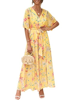 Womens Summer Loose Kimono Maxi Dress Wrap V Neck 3/4 Sleeve Floral Print Slit Long Dresses