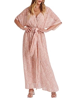 Womens Summer Loose Kimono Maxi Dress Wrap V Neck 3/4 Sleeve Floral Print Slit Long Dresses