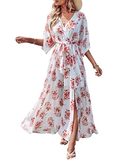 Womens Summer Loose Kimono Maxi Dress Wrap V Neck 3/4 Sleeve Floral Print Slit Long Dresses