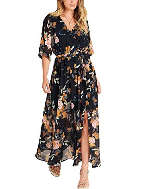 ANRABESS Womens Summer Loose Kimono Maxi Dress Wrap V Neck 3/4 Sleeve Floral Print Slit Long Dresses