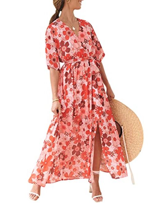 ANRABESS Womens Summer Loose Kimono Maxi Dress Wrap V Neck 3/4 Sleeve Floral Print Slit Long Dresses