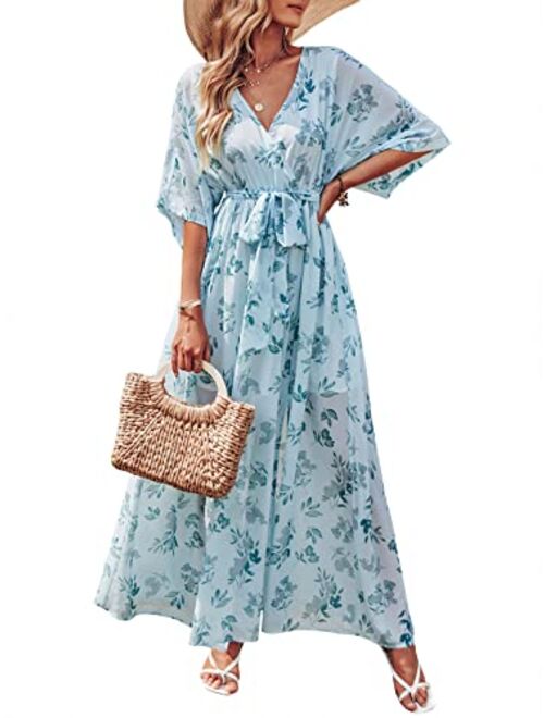 ANRABESS Womens Summer Loose Kimono Maxi Dress Wrap V Neck 3/4 Sleeve Floral Print Slit Long Dresses