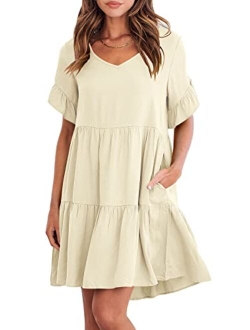 Womens Summer Casual V Neck Babydoll Dress Ruffle Short Sleeve Tiered A-Line Flowy Mini Beach Dress