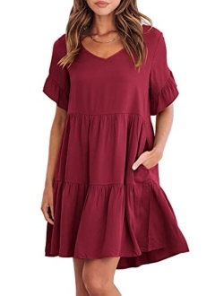 Womens Summer Casual V Neck Babydoll Dress Ruffle Short Sleeve Tiered A-Line Flowy Mini Beach Dress