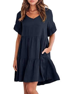 Womens Summer Casual V Neck Babydoll Dress Ruffle Short Sleeve Tiered A-Line Flowy Mini Beach Dress