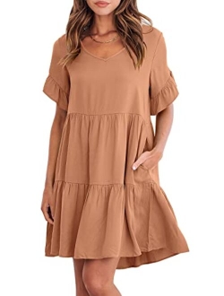 Womens Summer Casual V Neck Babydoll Dress Ruffle Short Sleeve Tiered A-Line Flowy Mini Beach Dress