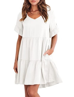 Womens Summer Casual V Neck Babydoll Dress Ruffle Short Sleeve Tiered A-Line Flowy Mini Beach Dress
