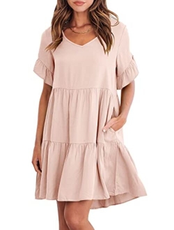 Womens Summer Casual V Neck Babydoll Dress Ruffle Short Sleeve Tiered A-Line Flowy Mini Beach Dress