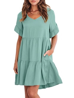 Womens Summer Casual V Neck Babydoll Dress Ruffle Short Sleeve Tiered A-Line Flowy Mini Beach Dress