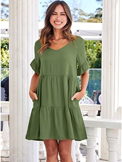 ANRABESS Womens Summer Casual V Neck Babydoll Dress Ruffle Short Sleeve Tiered A-Line Flowy Mini Beach Dress