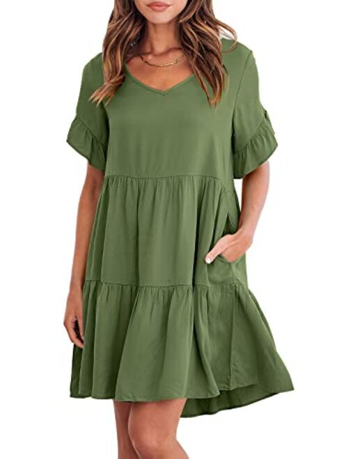 ANRABESS Womens Summer Casual V Neck Babydoll Dress Ruffle Short Sleeve Tiered A-Line Flowy Mini Beach Dress