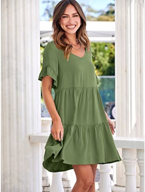 ANRABESS Womens Summer Casual V Neck Babydoll Dress Ruffle Short Sleeve Tiered A-Line Flowy Mini Beach Dress