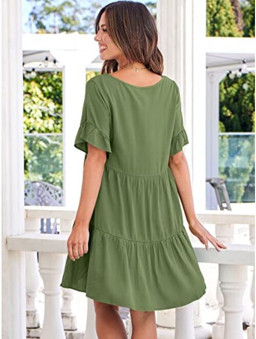 ANRABESS Womens Summer Casual V Neck Babydoll Dress Ruffle Short Sleeve Tiered A-Line Flowy Mini Beach Dress